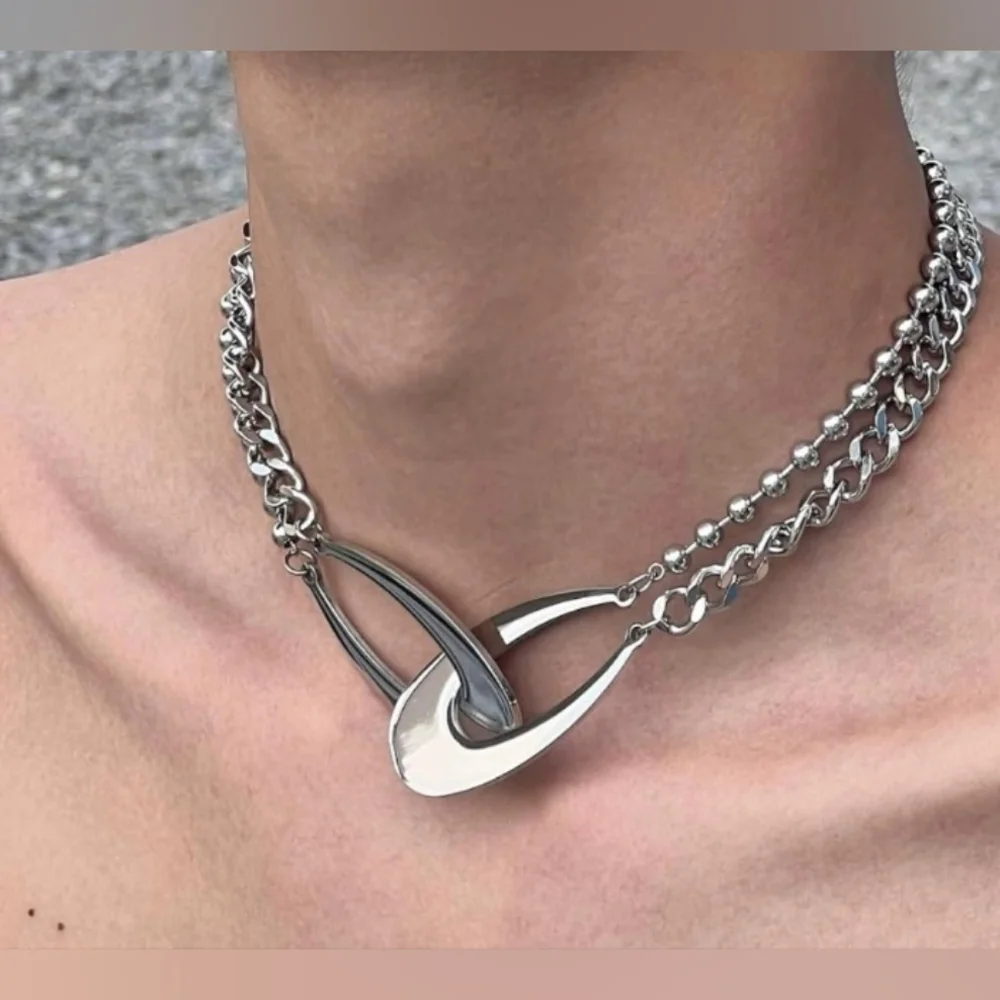 Silver Link Chain Choker Necklace Y2K Minimalist Abstract - Picture 2 of 4
